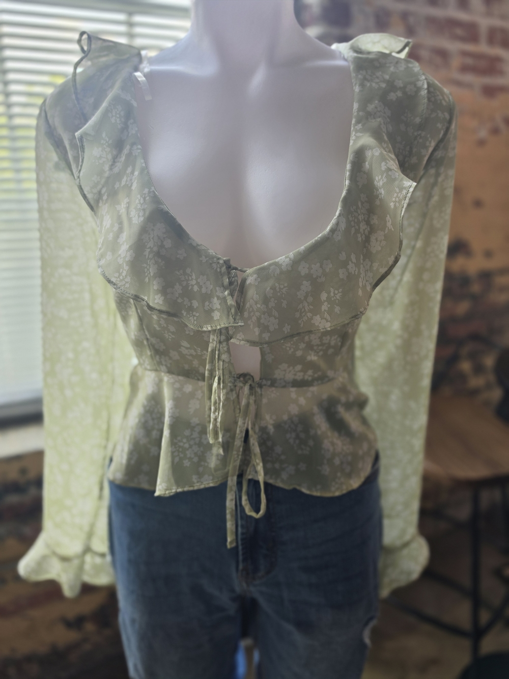 No Boundaries Light Sage Floral Ruffle Tie-Front Blouse